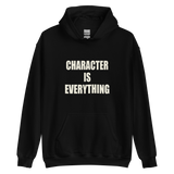 Character Is Everything Gildan 18500 hoodie in Black, front view with cream lettering