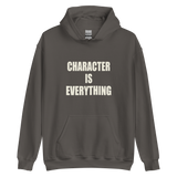 Character Is Everything Gildan 18500 hoodie in Charcoal, front view with cream lettering