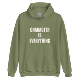 Character Is Everything Gildan 18500 hoodie in Military Green, front view with cream lettering