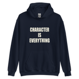 Character Is Everything Gildan 18500 hoodie in Navy, front view with cream lettering